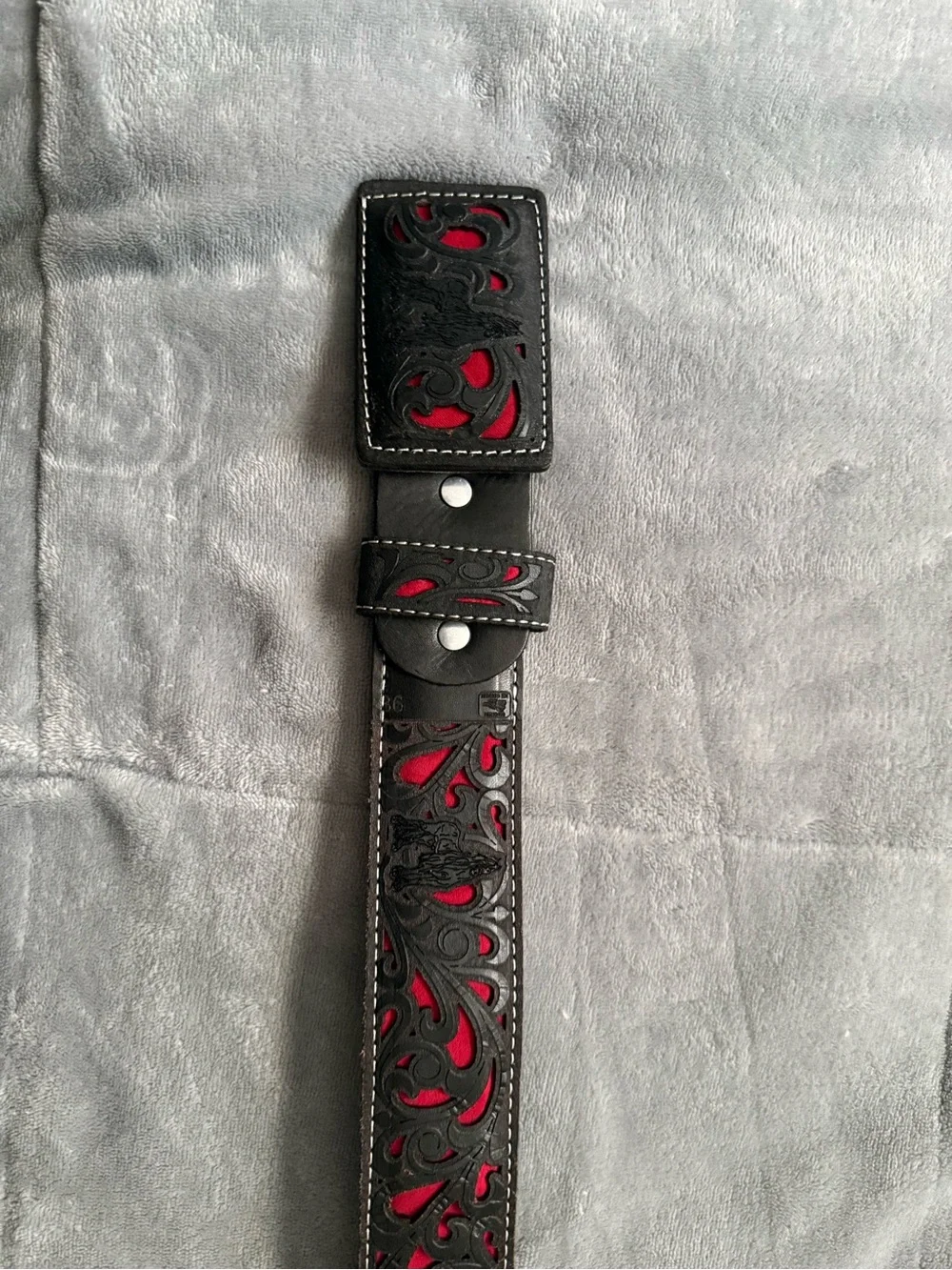 Men's Leather Belt with Red Inlay and Decorative Cutwork